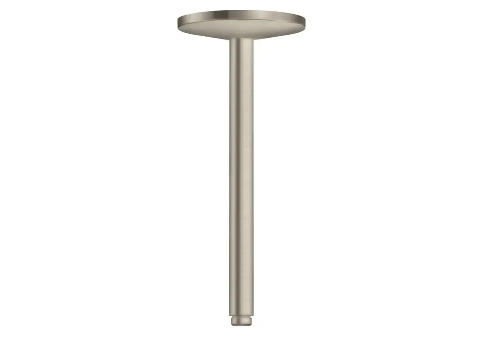 Deckenanschluss mit einer vertikalen, runden Platte und einem langen, geraden Ständer in gebürstetem Nickel, hergestellt von AXOR.